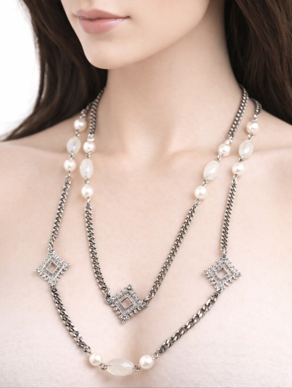 Women's Polished Layered Silver-tone Filigree diamond shape Beaded Necklace, 38"